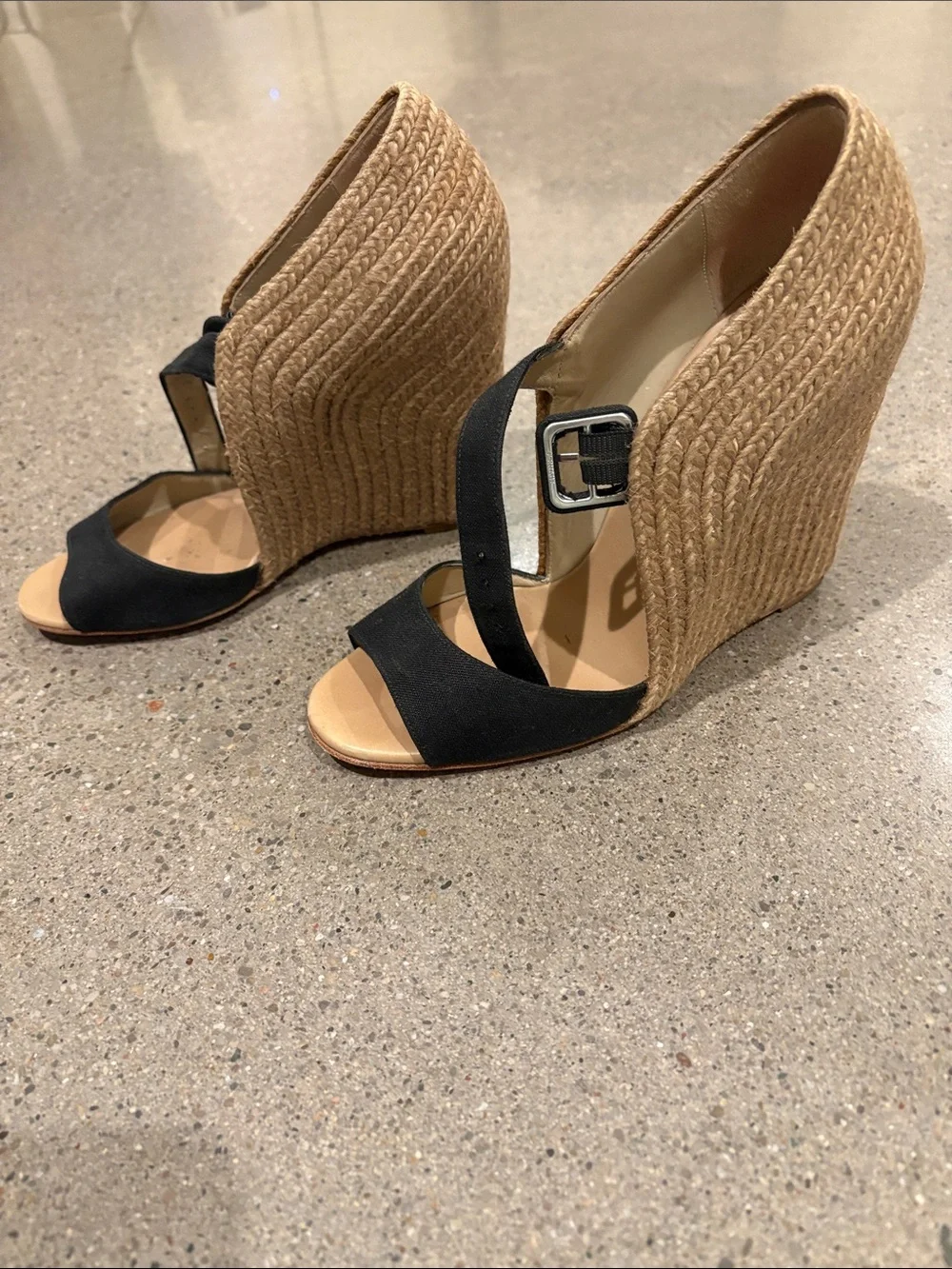 Christian Louboutin Black Canvas and Natural Woven Espadrille Wedges